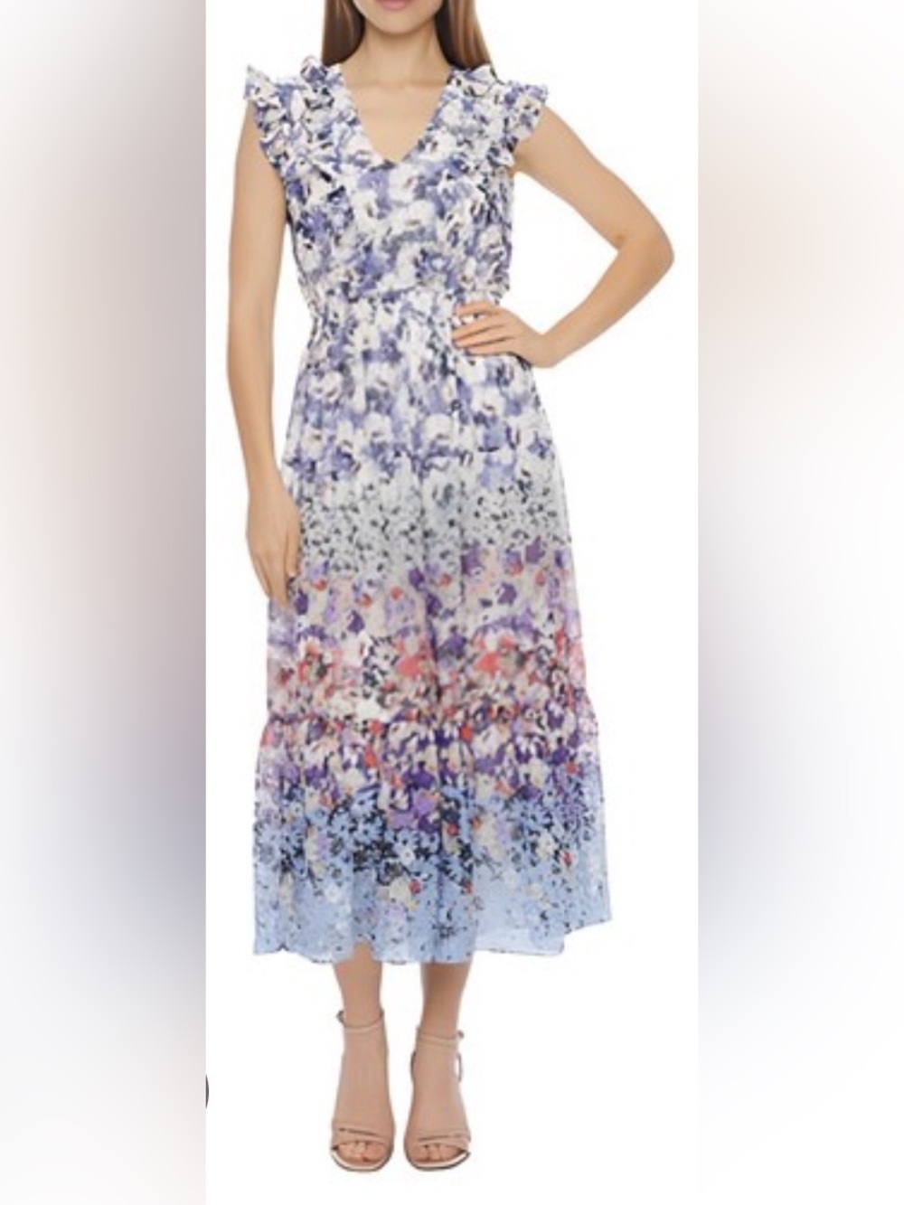 Danny & Nicole Blue and Lavender Floral Ruffle Midi Dress